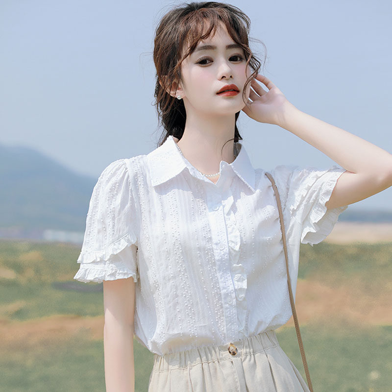 纯棉白衬衫女荷叶袖夏季