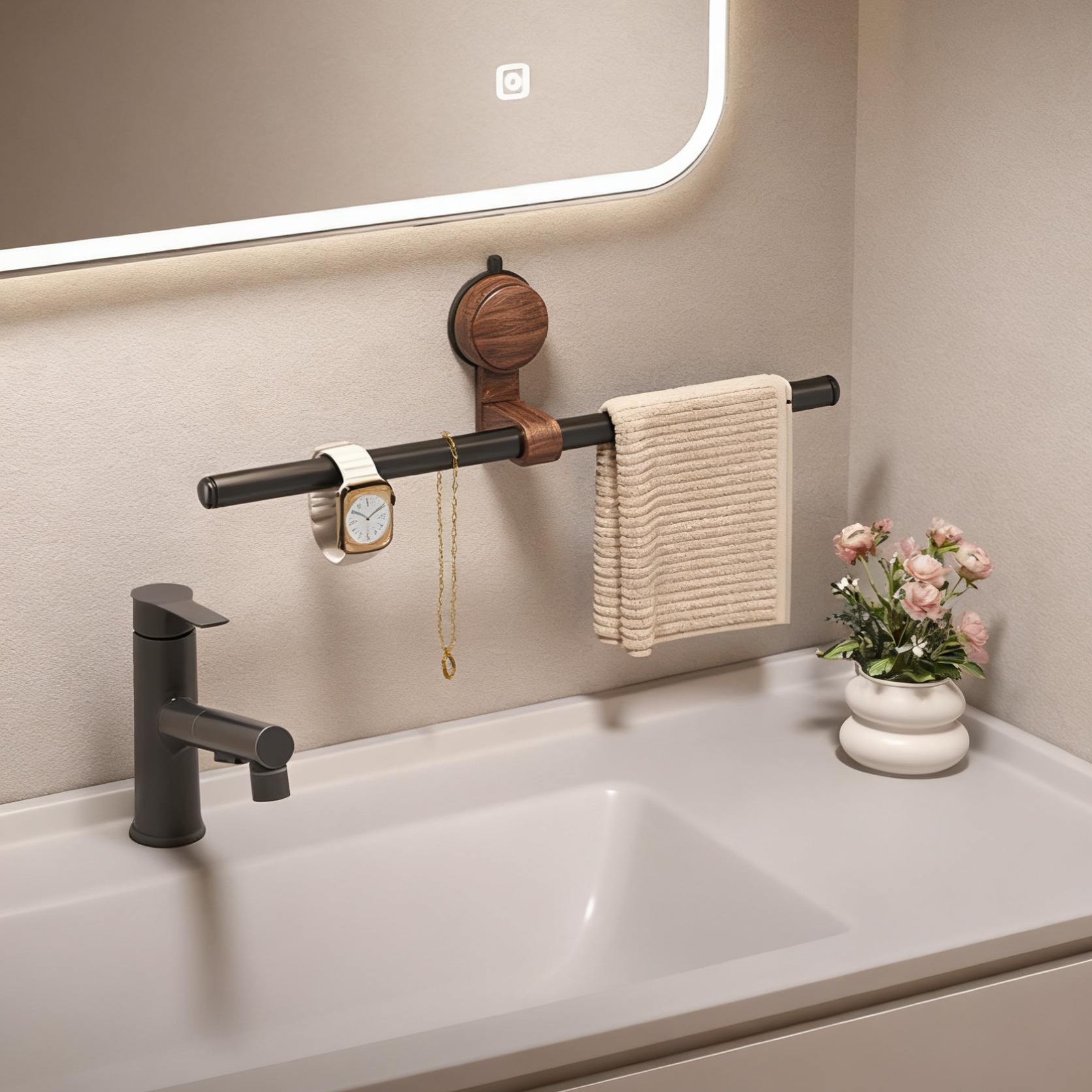 浴室高端吸盘胡桃木毛巾架中古风卫生间毛巾浴巾免打孔置物架无痕,基础建材,挂衣钩,淘宝优惠券,粉丝福利购,淘宝优惠卷