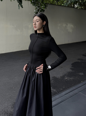 AhhCute【黑巧塔塔】法式赫本风气质高领连衣裙女显瘦内搭长裙