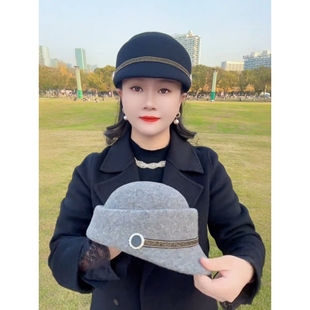 中老年女士帽子秋冬季保暖羊毛盆帽妈妈加厚复古百搭毛呢马术盆帽