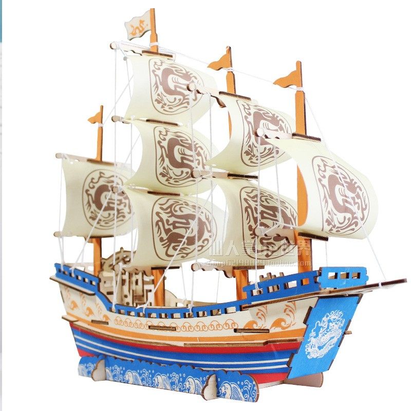 邮轮货船模型摆件手工diy拼装仿真木质大帆船舶的拼图积木制DF57
