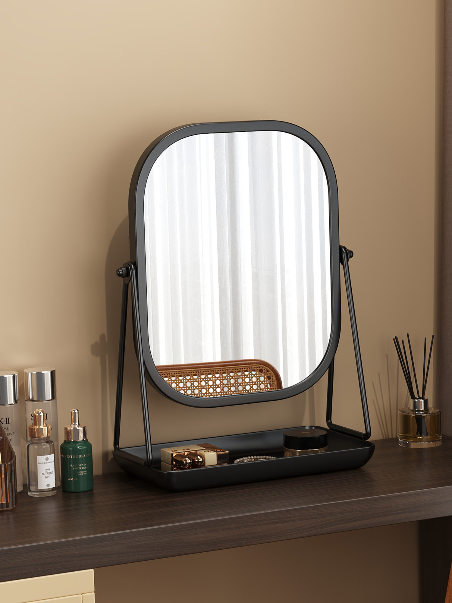 轻奢风旋转化妆镜台式桌面家用梳妆台镜子带底盘可收纳大号梳妆镜