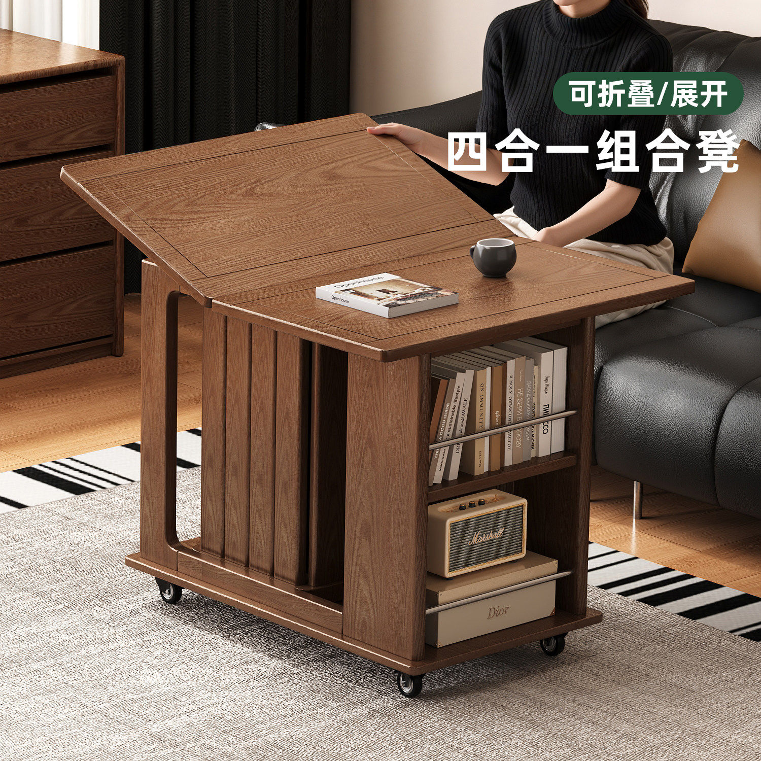 移动折叠实木茶几沙发边柜可叠放凳子边桌茶桌小推车多功能边几