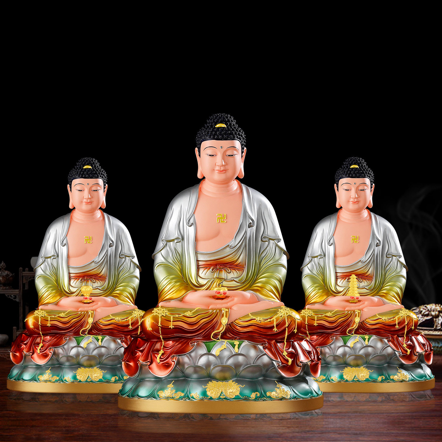 新款三宝佛佛像阿弥陀佛释迦牟尼佛药师佛家用供奉摆件铜彩佛祖像