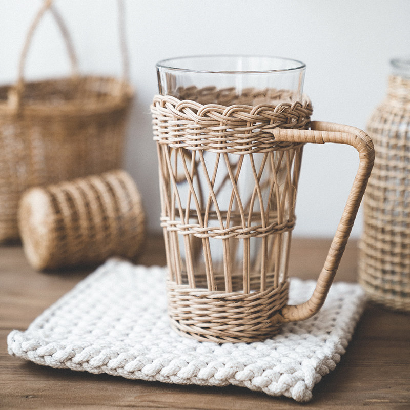 retro 个性喝水玻璃杯带杯套网红防烫创意手工藤编隔热杯编织杯子