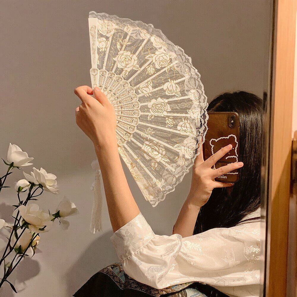 新中式白色蕾丝玫瑰折叠小扇子夏天国风古风舞蹈汉服折扇2026新款