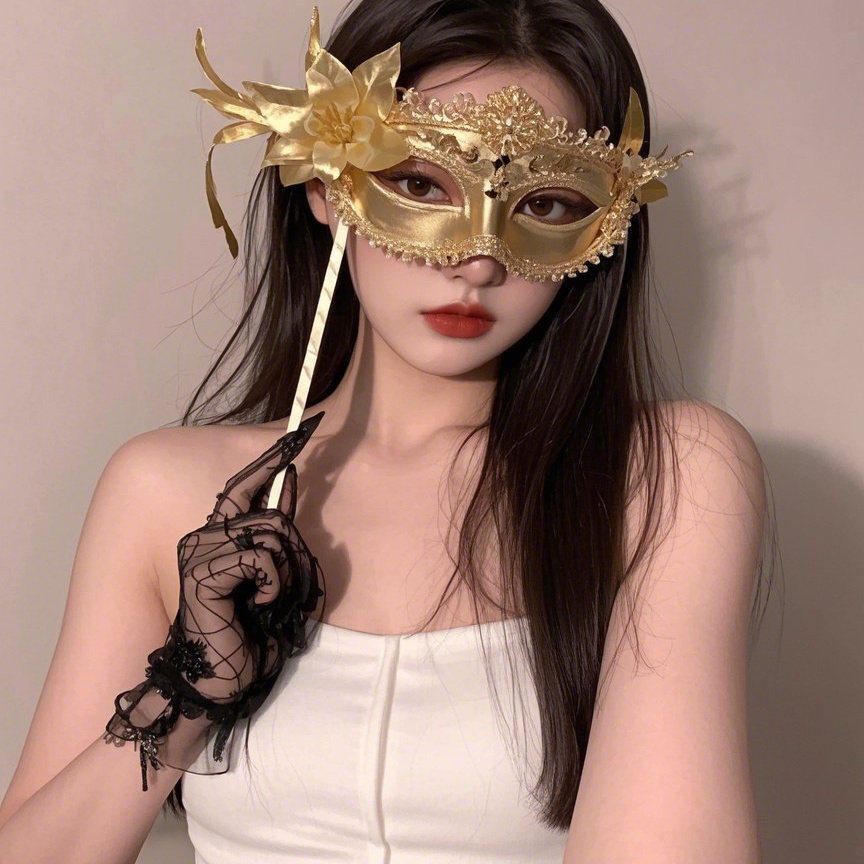化妆舞会面具鎏金之夜年会晚会假面舞会面罩手持半脸羽毛面具装扮