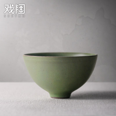 日式全手工复古风窑变绿色粗陶碗