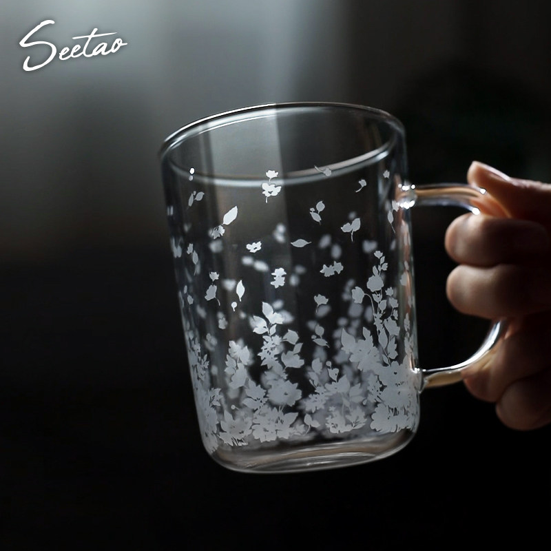 戏陶玻璃杯家用喝水杯高颜值果汁牛奶杯耐热办公茶杯带把手冷饮杯
