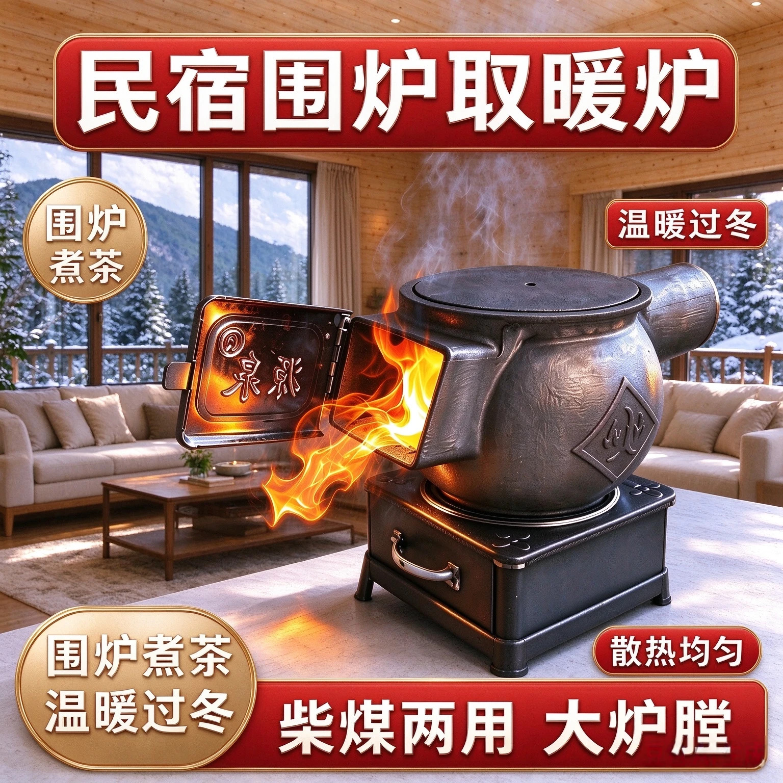 冬季取暖炉铸铁炉大号小号直出烟口柴煤两用憋气炉炮弹炉升温炉子