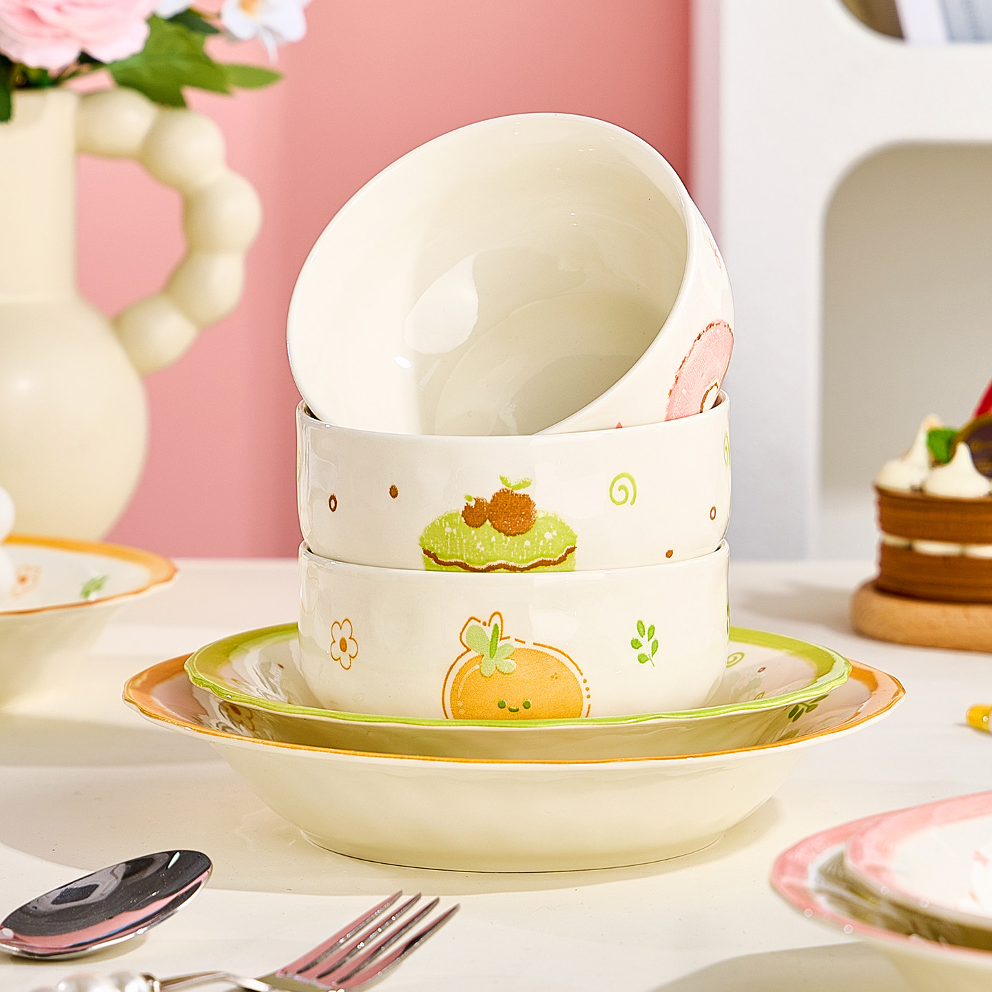 可爱卡通陶瓷米饭碗家用一人食面汤碗儿童早餐碗盘碟子少女心餐具,餐饮具,碗,淘宝优惠券,粉丝福利购,淘宝优惠卷