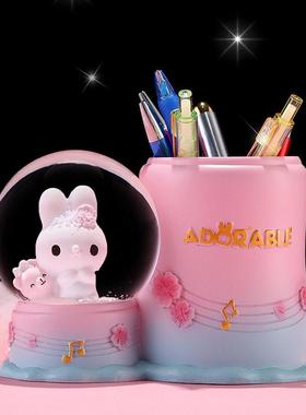 卡通兔水晶球笔筒发光桌面收纳桶儿童礼物礼品玻璃水球树脂摆饰