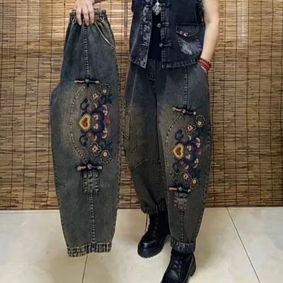复古民族风刺绣盘扣牛仔裤女