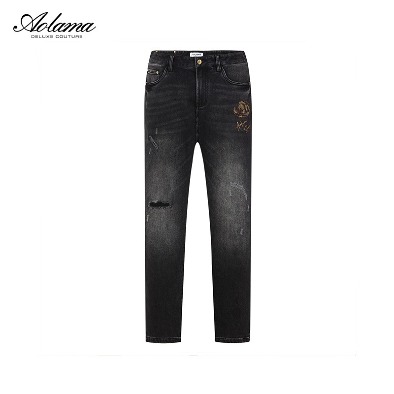 AOLAMA奥拉玛男装轻奢秋冬季字母刺绣烫钻直筒牛仔裤080544091