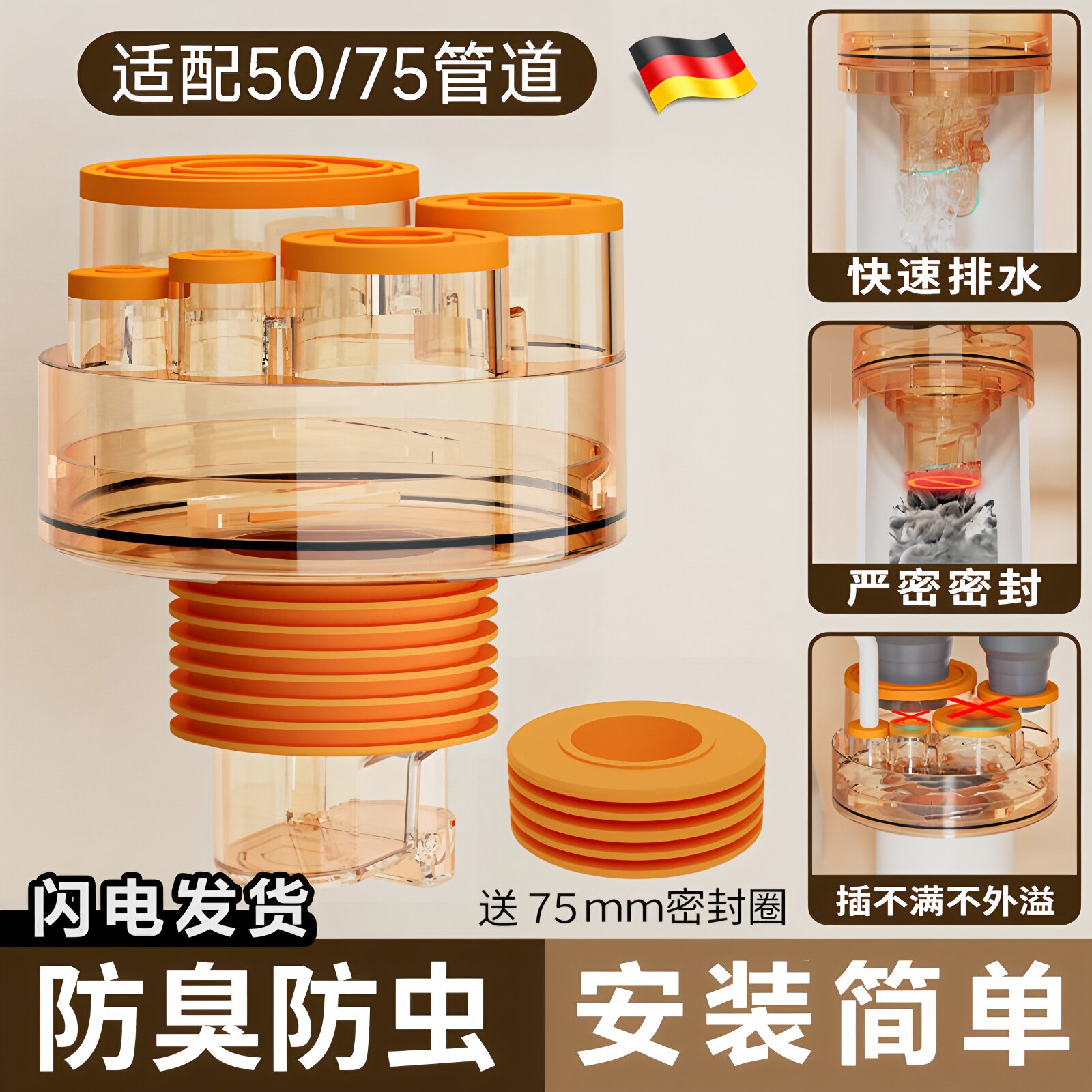 德国厨房下水道防返臭神器三通密封塞防虫洗衣机洗手盆排水道接头