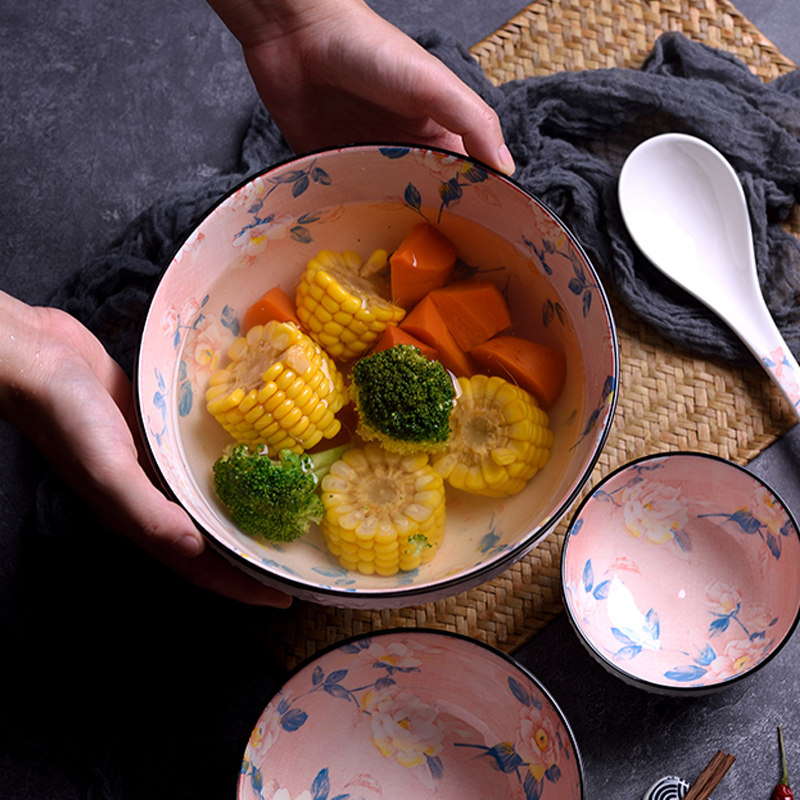 8英寸日式陶瓷汤碗大号碗泡面碗喝汤的陶瓷碗 茶花汤面碗拉面大碗