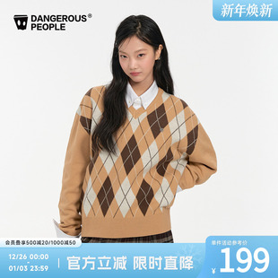 Dangerouspeople薛之谦dsp菱形格女款 复古学院风百搭毛衣 针织衫