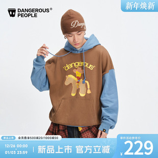 Dangerouspeople薛之谦dsp撞色贴布绣小马卫衣落肩宽松连帽上衣