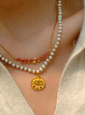 By garance串珠微笑笑脸吊坠叠戴项链小众法式风情黄铜镀金锁骨链