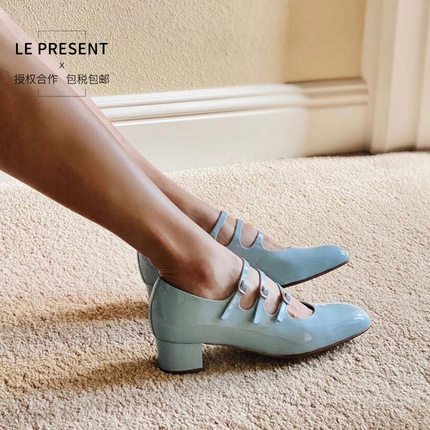 现货正品授权法国老牌Carel玛丽珍鞋搭扣单鞋漆皮中跟kina蓝色