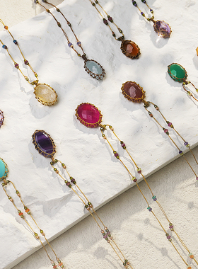 法国Sharing天然彩色半宝石吊坠项链小众裸宝石原石毛衣链77cm