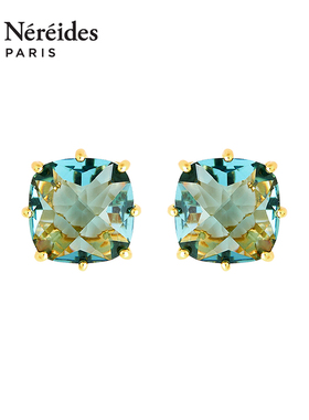 Les Nereides水蓝星钻天蓝色方形石耳钉式耳环星钻系列法式复古