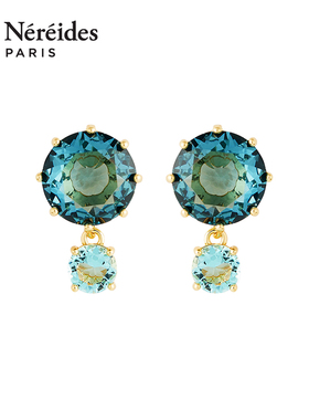 Les Nereides水蓝星钻天蓝色圆宝石耳钉式耳环星钻系列法式复古