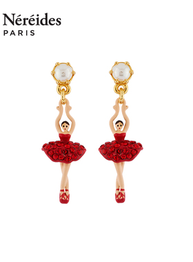 Les Nereides芭蕾女孩迷你系列珍珠红色耳钉耳夹 设计小众气质感