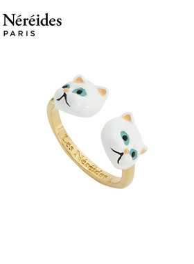 Les Nereides爱护小动物系列 白色猫头 可调节戒指珐琅猫咪高级感