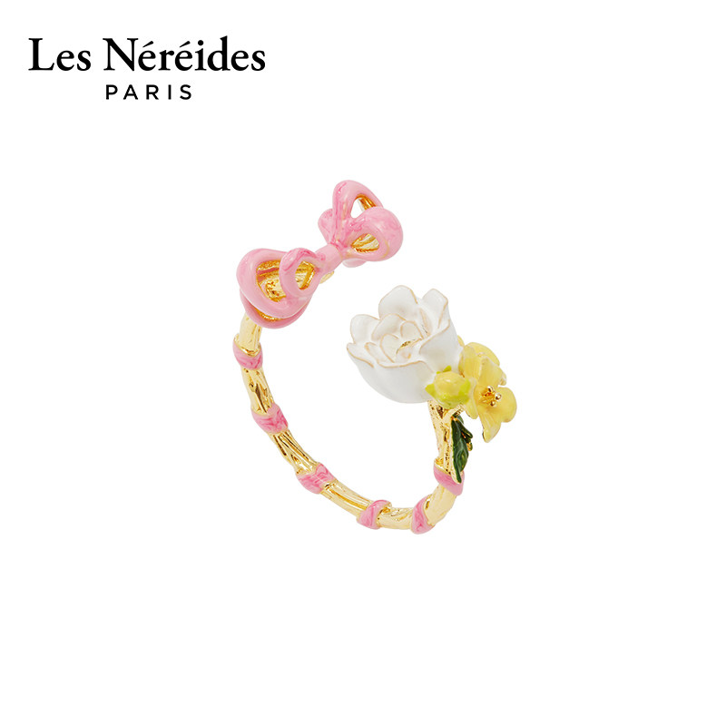 Les Nereides浪漫巴黎系列 粉色蝴蝶结 可调节戒指少女心手绘戒指