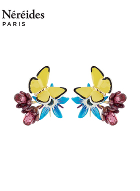 Les Nereides菜圃系列 蓝色花朵与蝴蝶 耳钉 小众设计多巴胺耳饰