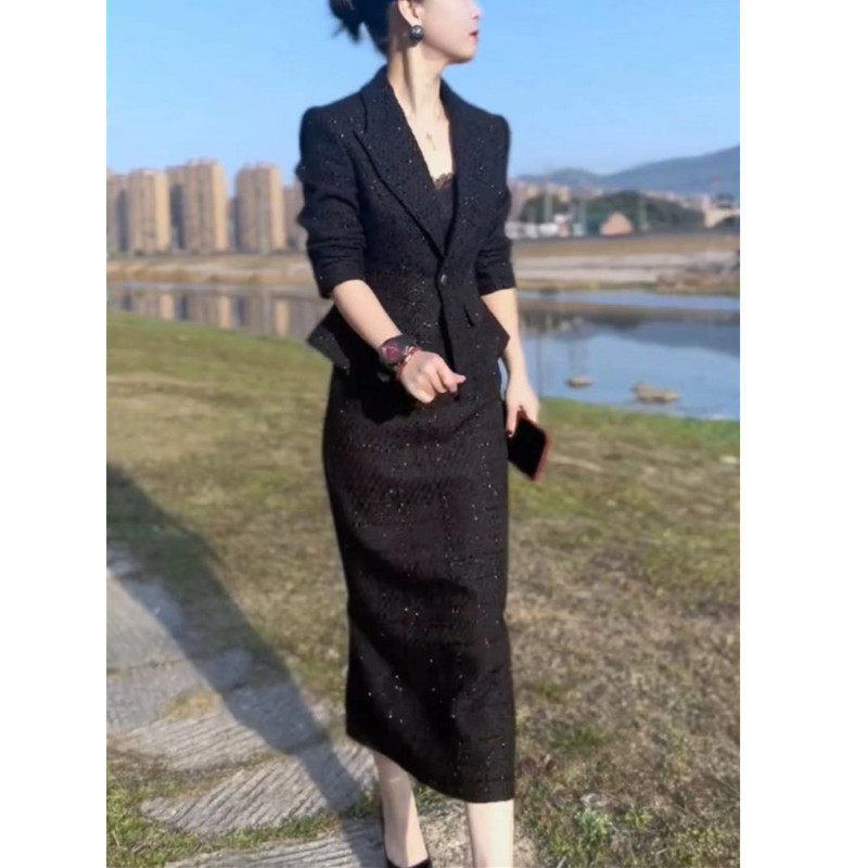 日系george melis春季新款时尚翻领收腰西服外套高腰半身裙套装