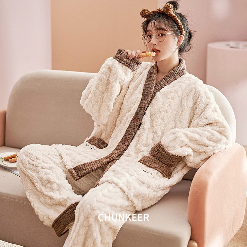 法国Gentle Motto家居服女珊瑚绒睡衣冬季女款加绒加厚甜美法兰绒