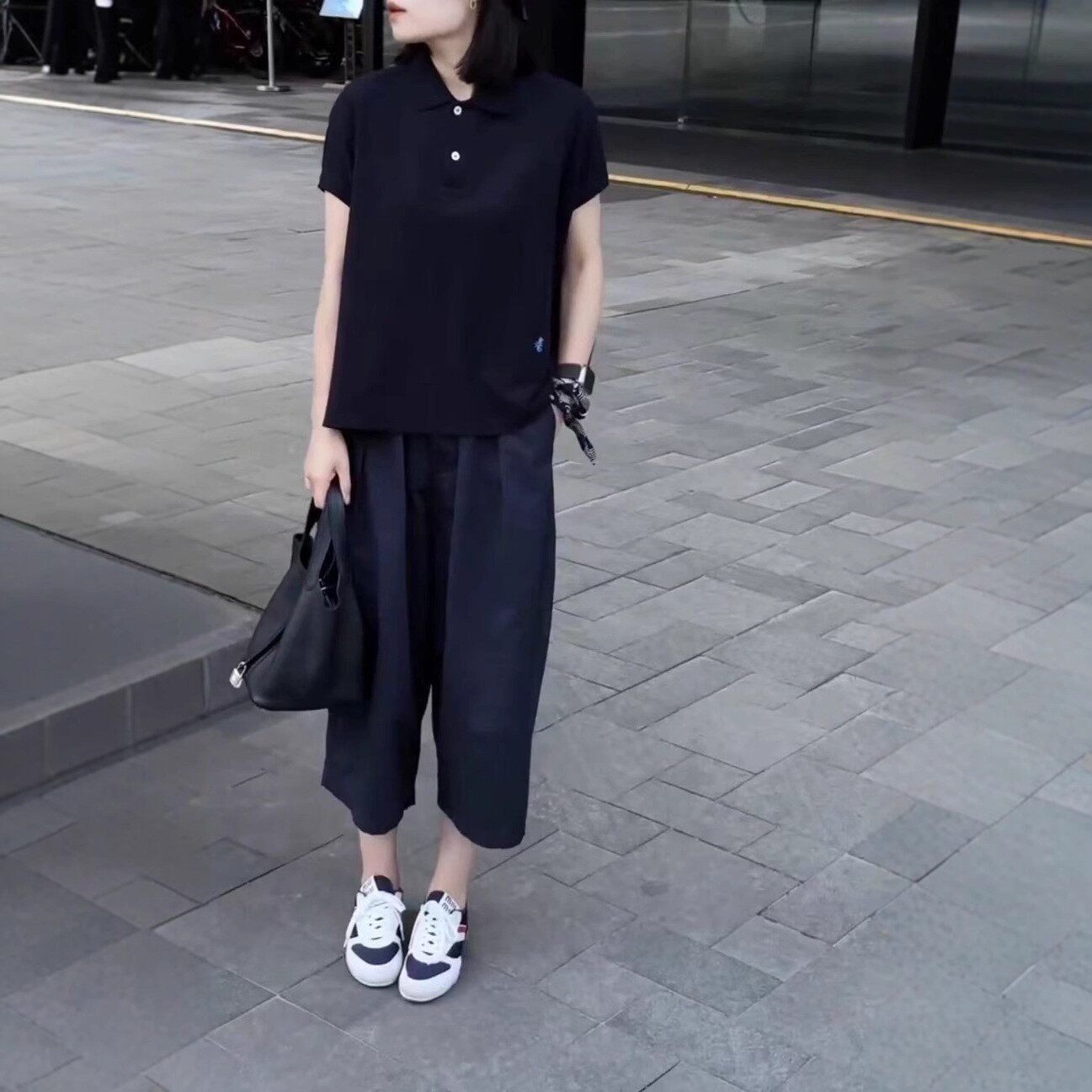 日系george melis夏季新款polo领宽松短袖上衣休闲阔腿裤女潮