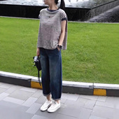 melis夏季 时尚 新款 宽松t恤休闲牛仔阔腿裤 条纹短袖 日系george
