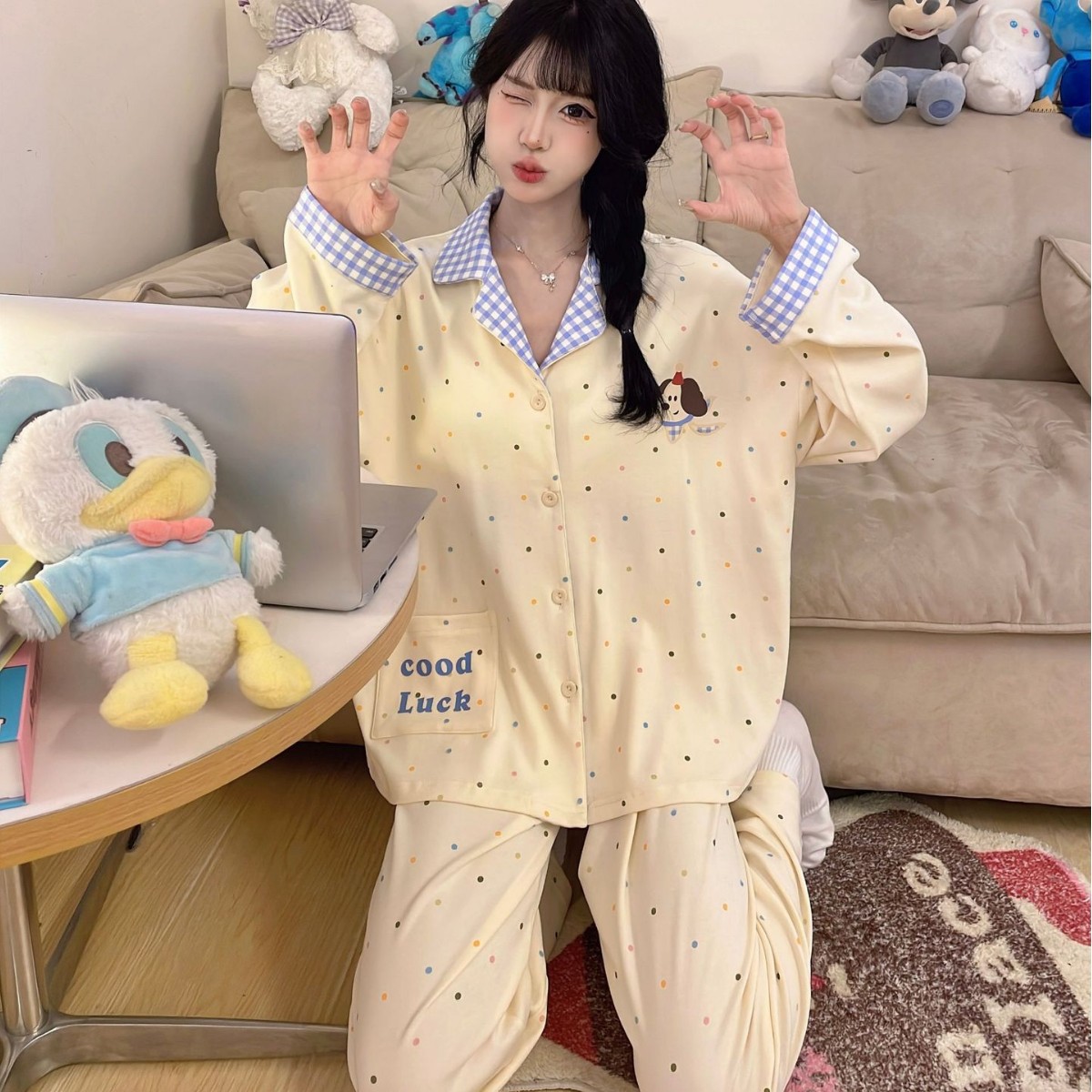 法国gentle motto撞色可爱小狗春秋睡衣女日系ins波点长袖夏天