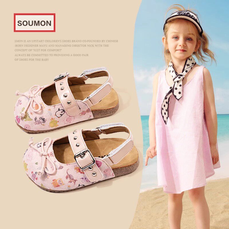 儿童半拖鞋女童夏款凉鞋小童真皮勃肯凉鞋外穿软底休闲鞋宝宝鞋子