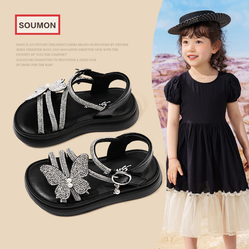 书萌女童凉鞋夏季新款儿童露趾沙滩鞋中大童烫钻水晶鞋女孩公主鞋