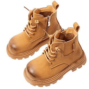 儿童真皮皮靴秋冬季新款加绒保暖棉靴女童小黄靴男小童软底马丁靴