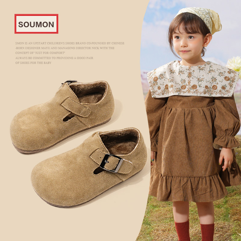 儿童真皮勃肯鞋女童棉鞋加绒保暖2025冬季新款小女孩皮鞋宝宝鞋软