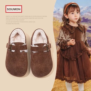 真皮女童棉鞋加绒保暖2024冬季女小童勃肯鞋女宝英伦风皮鞋儿童鞋
