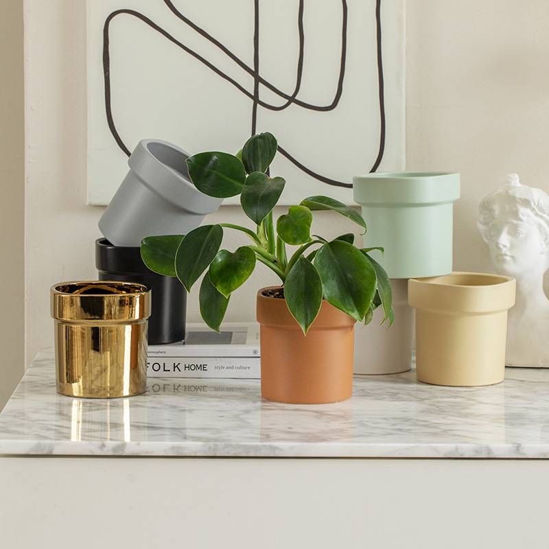 北欧轻奢简约金色电镀陶瓷花盆 桌面插花容器摆件蝴蝶兰龙舌兰