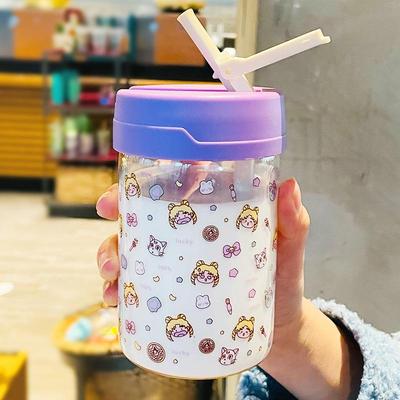严选高硼硅玻璃杯学生可爱吸管水杯密封随行杯子办公室牛奶果汁饮