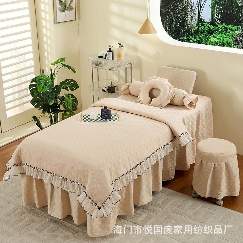 韩式泡泡纱美容床罩四件套欧式简约按摩床裙纯色百褶床套四季通用