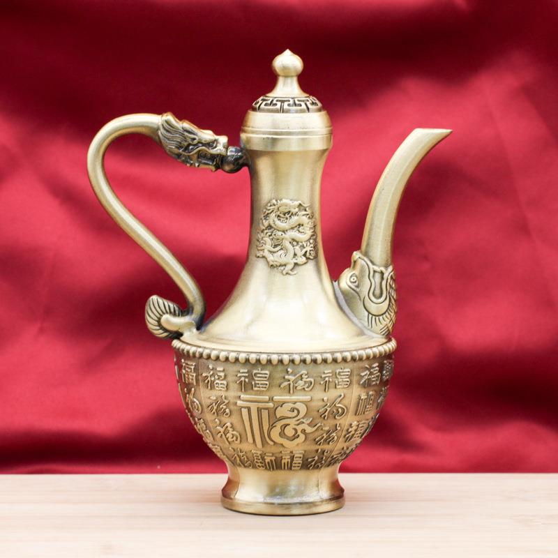厂家铜壶摆件铜酒壶茶壶龙凤呈祥百福酒壶黄铜工艺品