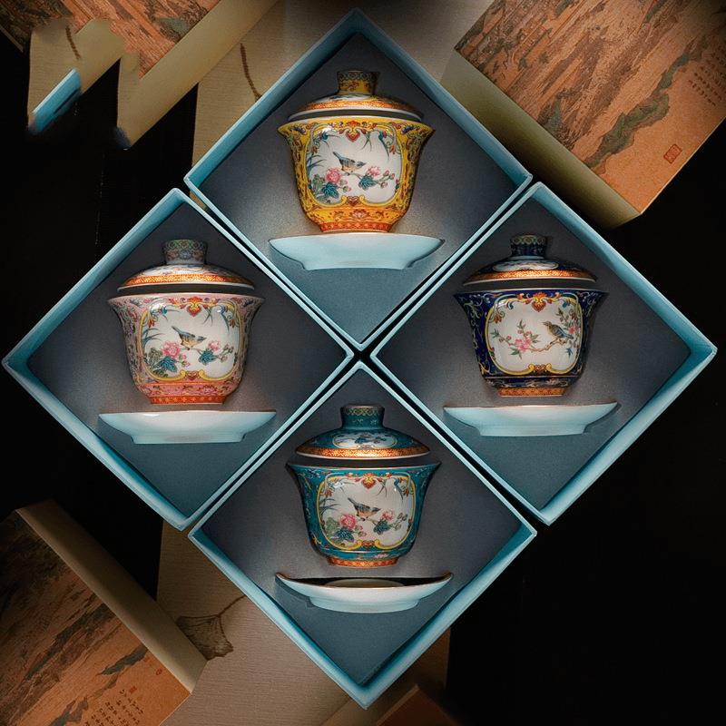 陶瓷盖碗青花珐琅彩泡茶碗轻奢茶器功夫茶具茶杯礼盒白瓷敬茶碗