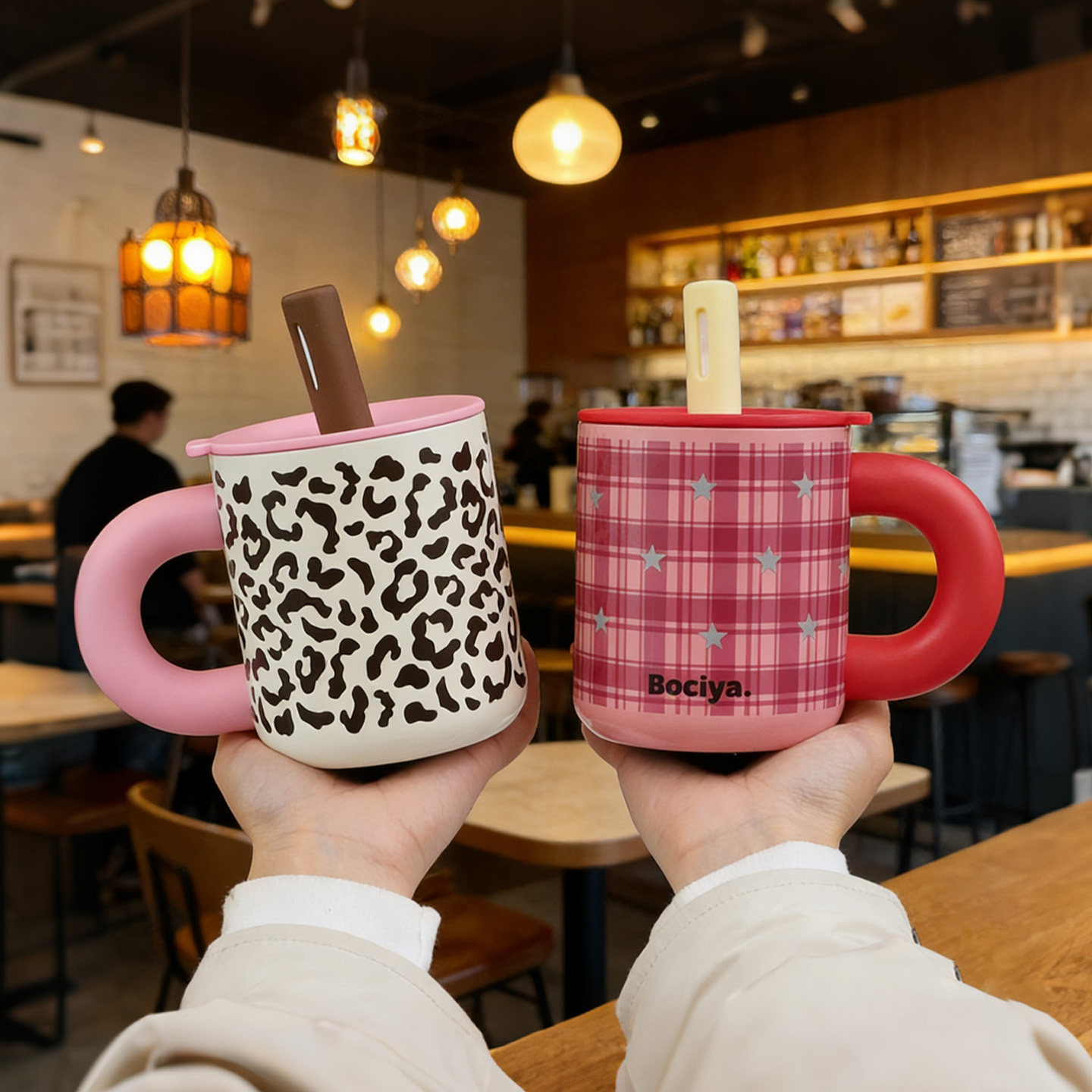 豹纹吸管保暖马克咖啡杯精致可爱