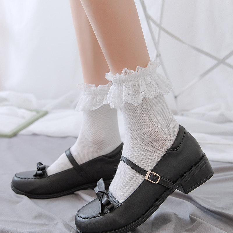 蕾丝花边中筒袜夏季纯棉网眼透气女袜日系lolita甜美女生黑白短袜