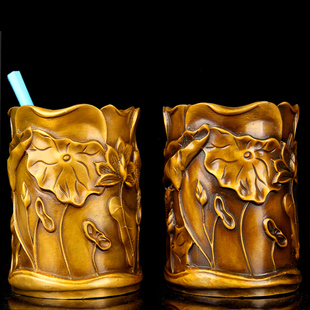 仿古色鱼戏莲叶间铜笔筒摆件 铜祥龙笔筒摆件 大展宏图笔筒