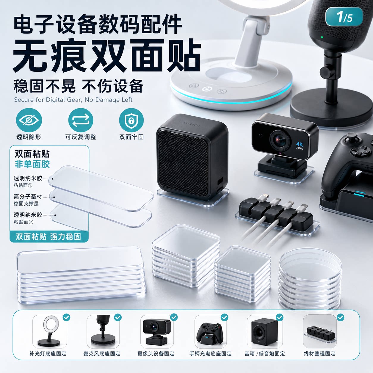 电子设备数码配件专用双面胶固定贴合摄像头直播背景板绿幕电脑支架游戏手柄底座桌面音响防滑固定两面胶带图片